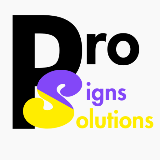 Pro Signs Solutions logo featuring a bold black 'P' and 'ro' text with a stylized 'S' in purple and yellow, followed by 'igns' in purple and 'olutions' in yellow.